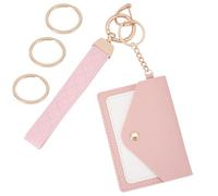 CREATCABIN Leather Wristlet Keychain Wristlet Wallets for Women Small Slim RFID Credit Card Holder Purse Coin Pocket with 3 Keyring Anti-Lost D Ring Pink Change Purse Wallet Keychain 3x4.3inch