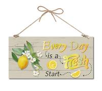 CREATCABIN Lemon Hanging Sign Front Door Sign Room Door Display Wood Home Decor Plaque Rustic Vintage House Garden Decoration Gift for Family Friends Birthday Christmas 12x6 Inch Every Day Is A Fresh