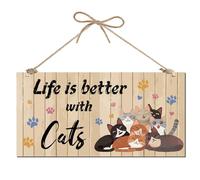 CREATCABIN Life is Better with Cats Wood Sign Rustic Wooden Plaque with Jute Twine Kitten Decorative Cat Paw Print Wall Art Decor for Pet Shop Home Hanging Ornament Cat Lover Gifts 12 x 6 Inch