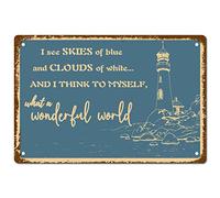 CREATCABIN Lighthouse Beach Wonderful World Metal Tin Sign Blue Color Vintage Wall Decor House Plaque Poster for Home Farm Garden Kitchen Coffee Office Garage Decoration 12 x 8 Inch