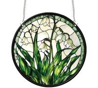 CREATCABIN Lily of The Valley Suncatcher Round Sun Catchers Stained Acrylic Flower Floral Window Wall Art Hanging Decoration with Metal Ball Chain for Living Room Bedroom Home Garden Ornament 9.8 Inch
