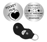 CREATCABIN Little Heart Pocket Hug Token Long Distance Keepsake Stainless Steel Message Coin Double Sided Silver Tokens with PU Leather Keychain for Colleagues Present During Lockdown 1.2 x 1.2Inch