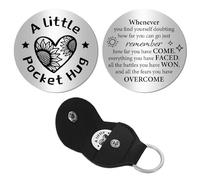 CREATCABIN Little Pocket Hug Keepsake Inspirational Tokens Stainless Steel Double Sided Engraved Words Heart Sunflower Long Distance Relationship Gifts with Leather Keychain for Friendship Family