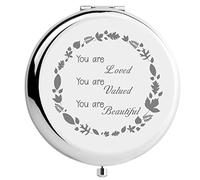 CREATCABIN Love Compact Mirror Stainless Steel You're Valued Beautiful Encouraging Mini Makeup Pocket Travel Engraved Mirrors Silver for Friends Family Graduation Birthday New Year Gifts