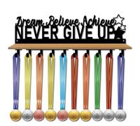 CREATCABIN Medal Hanger Display Trophy Shelf Medal Holder Hanger with Shelf Stand Sports Wall Mount Holds 60+ Medals Organizer Rack With Density Board Tray for Men Women 15.7x6x3.5Inch-Never Give Up