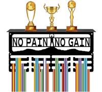CREATCABIN Medal Hanger Display Trophy Shelf Medal Holder Hanger with Shelf Stand Sports Wall Mount Holds 60+ Medals Organizer Rack Black Trophy Holder for Awards 15.7x8x4Inch-No Pain No Gain