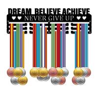 CREATCABIN Medal Holder Display Hanger Rack Sports Dream Believe Achieve Never Give Up Metal Iron Wall Mount for Race Runner Players Gymnastics Swimming Running Over 60 Medals Black 15.7 x 4.7 Inch