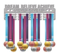 CREATCABIN Medal Holder Display Hanger Rack Sports Dream Believe Achieve Never Give Up Metal Iron Wall Mount for Race Runner Players Gymnastics Swimming Running Over 60 Medals Silver 15.7 x 4.7 Inch
