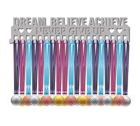 CREATCABIN Medal Holder Display Hanger Rack Sports Dream Believe Achieve Never Give Up Metal Wall Mount with 20 Hooks for Race Runner Players Gymnastics Gymnast Over 60 Medals Silver 15.7 x 3.3 Inch
