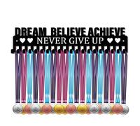CREATCABIN Medal Holder Display Hanger Rack Sports Dream Believe Achieve Never Give Up Metal Wall Mount with 20 Hooks for Race Runner Players Gymnastics Gymnast Over 60 Medals Black 15.7 x 3.5inch