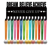 CREATCABIN Medal Holder Display Hanger Rack Sports Metal Wall Mount Small Decor with 14 Hooks for Race Runner Players Gymnastics Gymnast Black 11.4 x 5.1 Inch-Dream Believe Achieve Never Give Up