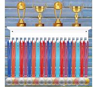 CREATCABIN Medal Holder Display Trophy Shelf Award Hanging Rack with 20 Hooks White Metal Non-Slip Sports Medal Hanger for Wall Mounted Ribbon Organizer Running Gymnastic Awards Race 15.7x4x2.4 Inch