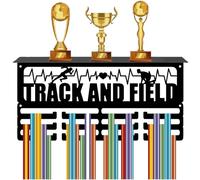 CREATCABIN Medal Trophy Display Shelf Track and Field Medal Holder Black Hold 60+ Awards Metal Rectangle Wall Mount Ribbon Rack Hanger Stand for Home Sporter Athletes Medalist Races 15.7 x 7.9 Inch