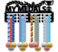 CREATCABIN Medals Holder Display Award Ribbon Hanger Trophy Design Decorative Small Black Metal Running Gymnastic Medal Hanging Racks with 12 Separate Hooks for Wall Mount Football Athletes 11.4x5.1in