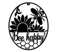 CREATCABIN Metal Bee Happy Wall Art Bee Hive Decor Wall Hanging Silhouette Sculpture Ornaments Iron Sign for Indoor Outdoor Home Living room Kitchen Garden Office Decoration Gift Black 12 x 10 Inch