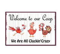 CREATCABIN Metal Coop Sign Tin Plate Welcome to Our Coop We Are All Cluckin' Crazy Signs Plaque Vintage Funny Chicken Animals Retro Decorations for Farm Yard Farmhouse Home Wall Decor, 8x12Inch
