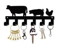 CREATCABIN Metal Key Holder Black Key Hooks Wall Mount Hanger Decor Iron Hanging Organizer Rock Decorative with 6 Hooks Cow and Pig and Chicken for Front Door Entryway Cabinet Hat Towel 10.6 x 4.3inch