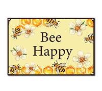 CREATCABIN Metal Tin Sign Bee Happy Retro Vintage Funny Wall Decor Decoration Art Mural Hanging Iron Painting for Home Garden Bar Pub Kitchen Living Room Office Garage Poster Plaque 8 x 12inch