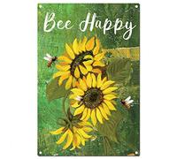CREATCABIN Metal Tin Sign Bee Happy Signs Sunflower Vintage Wall Art Decor Funny Rustic Farmhouse Backyard Home Kitchen Bar Coffe Garden Decorations 8 x 12 Inch