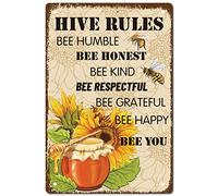 CREATCABIN Metal Tin Sign Hive Rules Bee Happy Retro Vintage Funny Wall Decor Art Mural Hanging Iron Painting for Home Garden Bar Pub Kitchen Living Room Office Garage Poster Plaque 8 x 12inch