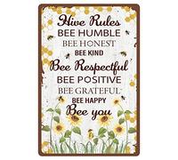 CREATCABIN Metal Tin Sign Hive Rules Bee Happy Retro Vintage Funny Wall Decor Art Mural Hanging Iron Painting for Home Garden Bar Pub Kitchen Living Room Office Garage Poster Plaque 8 x 12inch