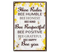 CREATCABIN Metal Tin Sign Hive Rules Bee Happy Retro Vintage Funny Wall Decor Art Mural Hanging Iron Painting for Home Garden Bar Pub Kitchen Living Room Office Garage Poster Plaque 8 x 12inch