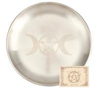 CREATCABIN Moon Ritual Plate Altar Plate Stainless Steel Flat Bowl Round Tray Prayer Offering Bowl Dish Candle Holder for Smudging Incense Burner Meditation Tarot Jewelry Dowsing Divination 5.55Inch