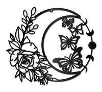 CREATCABIN Moon Rose Metal Wall Art Decor Black Butterfly Wall Hanging Decor Wall Art Hanging Silhouette Wall Art Ornament for Modern Farmhouse Rustic Home Office Garden Hotel Decoration 11.8x10.2Inch