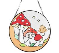 CREATCABIN Mushroom Glass Suncatcher Moon Star Toadstools Sun Catcher Window Wall Hanging Ornament Wall Art Flat Round Glass Panel Decor for Home Garden Indoor Decorations Christmas 6.3Inch