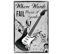 CREATCABIN Music Speaks Signs Tin Plate Where Words Fail Music Speaks Vintage Metal Sign Guitar Retro Plaque Indoor Outdoor Wall Decorations for Family Home Hotel Store Door Decor, 8x12Inch