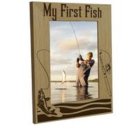 CREATCABIN My First Fish Photo Frame Fishing Picture Frame Wood Engraved Rustic Picture Holder Memorial Tabletop Keepsake Suit 4"x6" Photo Portrait Frame for Hanging Wall Friends Desk Decor 6x8 Inch
