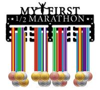 CREATCABIN My First Marathon Medal Holder Medals Hanger Display Running Sports Awards Small Metal Rack Trophy Ribbons Organizer Black Iron Mount Decor for Wall Home Badge Race Medalist 11.4 x 5.1Inch