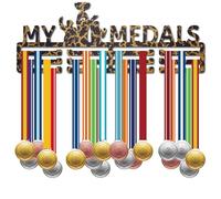 CREATCABIN My Medals Holder Hanger Medals Display Rack Fission Pattern Metal Shelf Medal Plaques Hanger Organizer Medal Frame Wall Mount Hanging Over 60 Soccer Medals for Lanyard Ribbon 15.7x6Inch