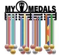 CREATCABIN My Medals Holder Medals Display Hanger Black Iron Wall Mounted Over 50 Medals Hanging Hooks Medal Rack Organizer Medal Holder Shelf Sport Stand Frame for Football Medalist 15.7 x 6Inch