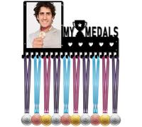 CREATCABIN My Medals Medal Hanger Display Trophy Medals Holder Rack with Photo Frame Metal Sports Hanging Athlete Awards Wall Mount with 20 Hooks for Football Running Ribbon Medals Black 16.5x9.8Inch