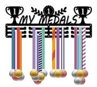 CREATCABIN My Medals Medal Holder Sports Running Medal Hanger Display Metal Hanging Athlete Awards Iron Wall Mount Decor Black Organizer Rack for Hanging 60 Medals Race Awards Ribbon 15.7x5.9 Inch
