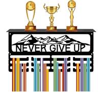 CREATCABIN Never Give Up Medal Hanger Award Trophy Shelf with 12 Hooks Metal Medal Holder Display for Wall Mount Hanging 60+ Medals Rack with Shelf for Sports Baseball Running Race 15.7x8x4Inch