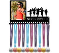 CREATCABIN Never Give Up Medal Hanger Display Running Medals Holder Rack with Photo Frame Metal Sports Hanging Athlete Awards Wall Mount with 20 Hooks for Competition Ribbon Medals Black 16.5x9.8Inch