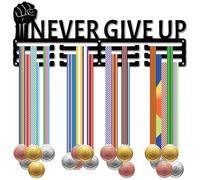 CREATCABIN Never Give Up Medal Hanger Display Sports Medal Holder Iron Metal Awards Wall Rack Hanging Bar Lanyard Shelf Organizer with Screws for Swimming Marathon Soccer Athlete Black 15.7 x 5.9 Inch