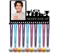 CREATCABIN Never Give Up Medal Hanger Display Trophy Medals Holder Rack with Photo Frame Metal Sports Hanging Athlete Awards Wall Mount with 20 Hooks for Competition Ribbon Medals Black 16.5x9.8Inch
