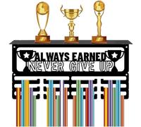 CREATCABIN Never Give Up Medal Hanger Display Trophy Shelf Medal Holder with Shelf Stand Sports 3 Rows Metal Hanging Wall Mount Hold 70+ Medals for Running Competition Ribbon Medals Rack 15.7x7.9Inch