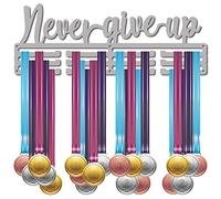 CREATCABIN Never Give Up Medal Holder Sport Medals Display Stand Wall Mount Hanger Decor Stainless Steel Hanging Award for Home Badge Storage Running Soccer Gymnastics Over 60 Medals 15.7 x 5.8 Inch