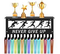 CREATCABIN Never Give Up Medal Holder with Shelf Sports Medal Trophy Hanger Display Wall Mount Frame Hooks Hanging Over 70 Awards Metal Medal Rack for Running Marathon Runner Badges 11.8 x 5.1Inch