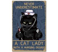 CREATCABIN Nurse Cat Vintage Sign Retro Metal Tin Sign Poster Painting Plaque Iron Wall Decoration Mural Hanging for Living Room12 x 8 Inch-Never Underestimate a Cat Lady with a Nursing