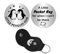 CREATCABIN Penguin Pocket Hug Token Long Distance Keepsake Stainless Steel Token Social Relationship Double Sided Words with PU Leather Keychain for Gift Women Men Bestie Friends 1.2x1.2 Inch