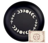 CREATCABIN Phase Moon Altar Plate Jewelry Dish Ritual Flat Bowl Round Prayer Tray Offering Bowl Dish Black Candle Holder with Divination Card for Meditation Incense Sticks Dowsing 5.55Inch
