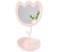 CREATCABIN Pink Flower-Shaped Makeup Mirror for Desk Vanity Mirror Adjustable Desk Mirror with Jewelry Tray Standing Dressing Mirror Home Decor for Women Bedroom Small Bathroom Spaces 18.5x16.7x31cm