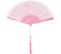 CREATCABIN Pink Lace Folding Fan Line Dance Popping Fan Lolita Embroidered Foldable Fan Clack Fan for Dancing Performence Party Wedding Decor Tea Party Fans Protable Cooling Hand Fan 10in