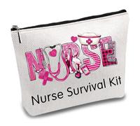 CREATCABIN Pink Nurse Survival Kit Canvas Makeup Bags Cosmetic Bag with Metal Zipper Pouches Polycotton Toiletry Travel Bag Purse Gifts for Nurse Practitioner Women Nursing Student 10x7Inch