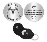 CREATCABIN Pocket Hug Double-Sided Souvenir with PU Leather Keychain Sunny Stainless Steel Pocket Hug Long Distance Relationship Commemorative Coin for Women Men Friends Gifts 2.8x1.9in